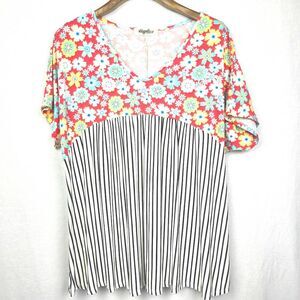 Haptics Floral Stripe Colorblock Top L